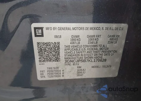 2019 Chevrolet Trax Lt из США, поврежденный, VIN 3GNCJPSB7KL170628